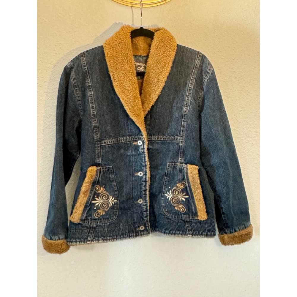 Creaciones D'Alba Womens Denim Sherpa Y2K Jacket Embroidered Western Dark Wash